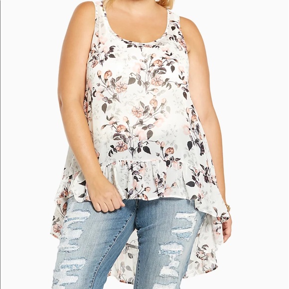 Torrid Hi Lo Floral Ruffle Sheer Tank Top 00 - Picture 8 of 8